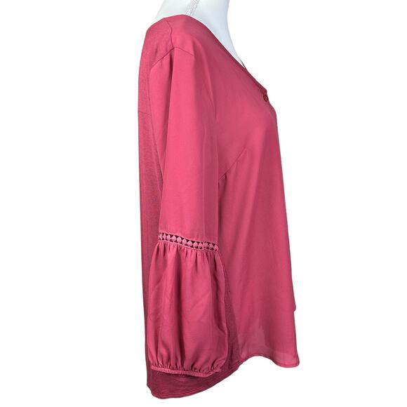 Fortune + Ivy Top Women Large Magenta Pink Sheer Eyelets Puffy Sleeve Boho Tunic - Picture 3 of 11